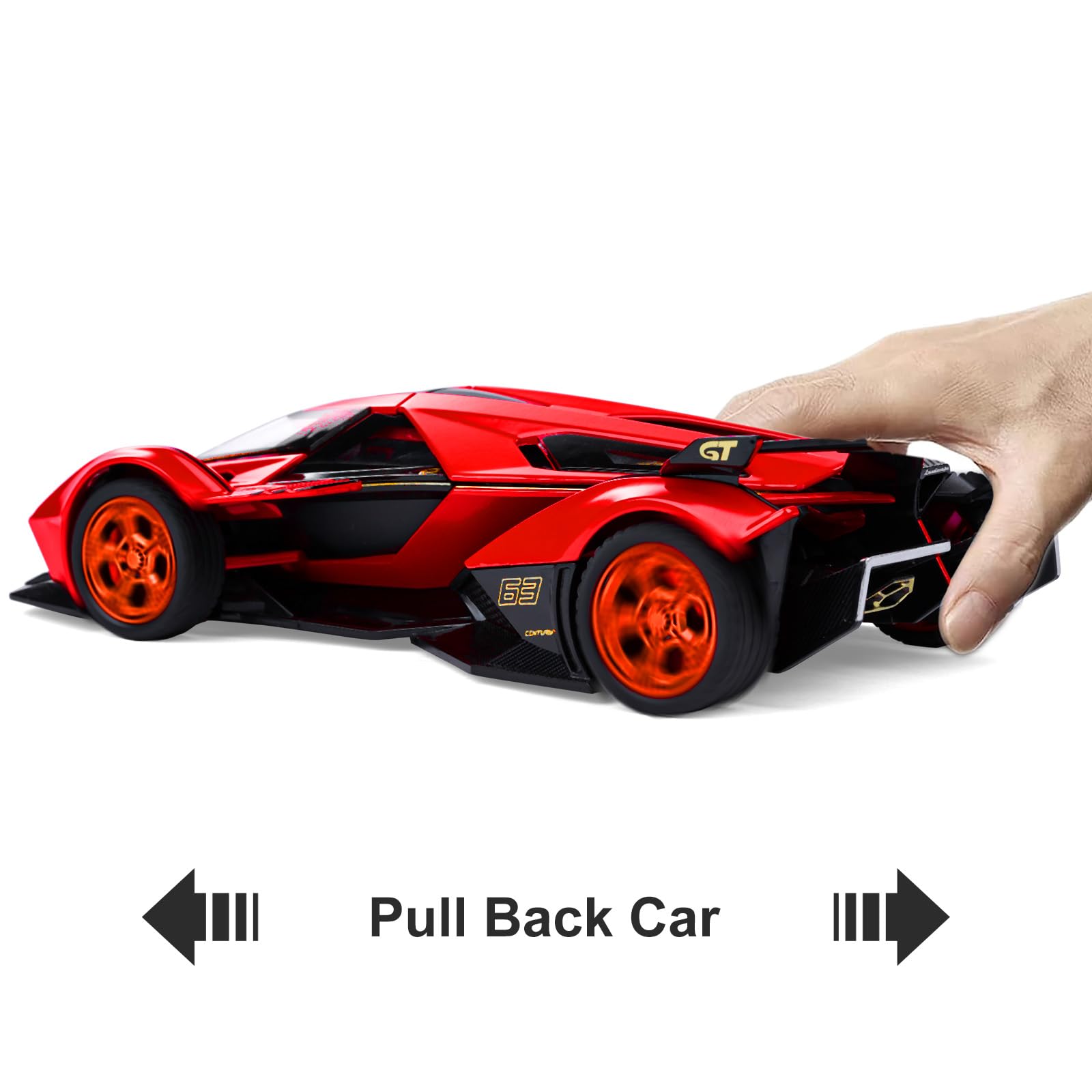 SASBSC pull-back red toy car demonstrates fast, effortless racing play.
