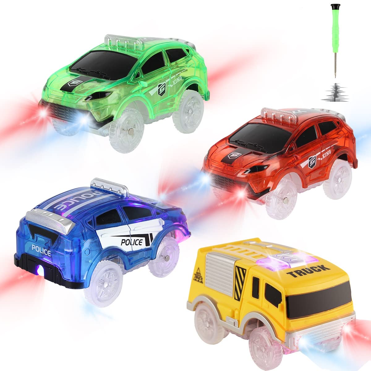 Save Unicorn glow track cars illuminate nighttime play and visibility.