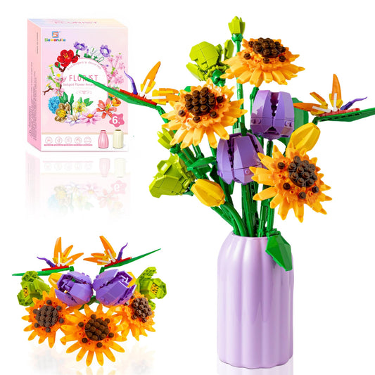 Sawaruita sunflower bouquet building set with vase adds a bright centerpiece.