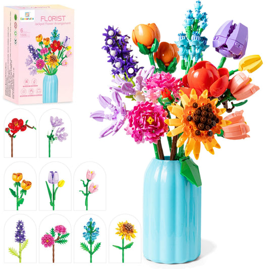 Sawaruita sunflowers and tulips bouquet blocks in a vase for vibrant, maintenance-free decor.