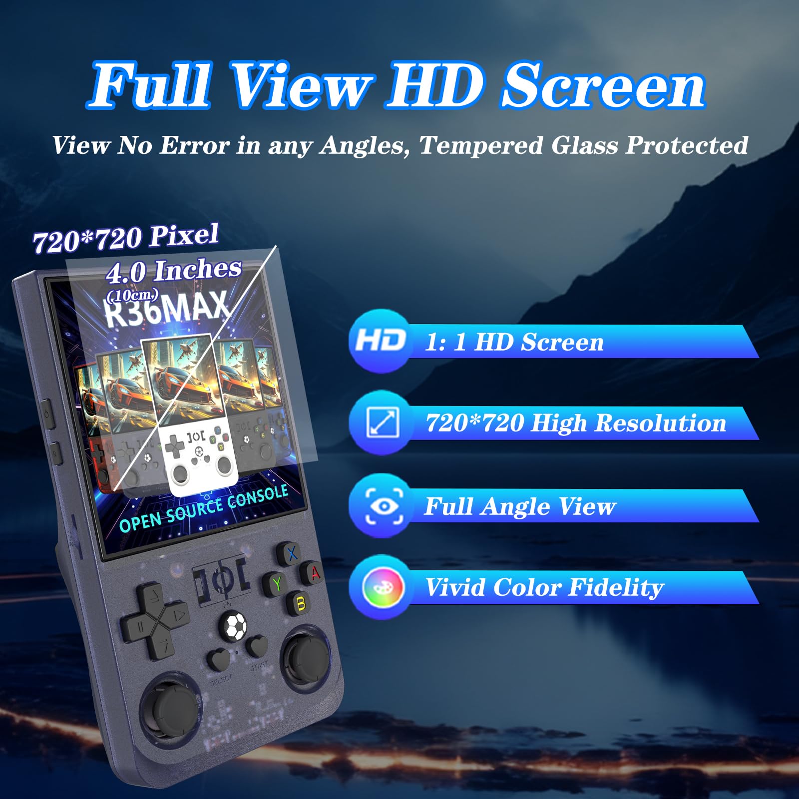 Sawdtones R36MAX 4-inch IPS display delivers sharp retro visuals.