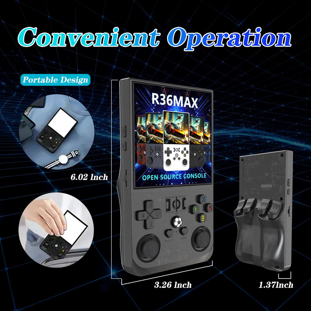 Sawdtones R36MAX Linux-based system ensures smooth retro gaming performance.