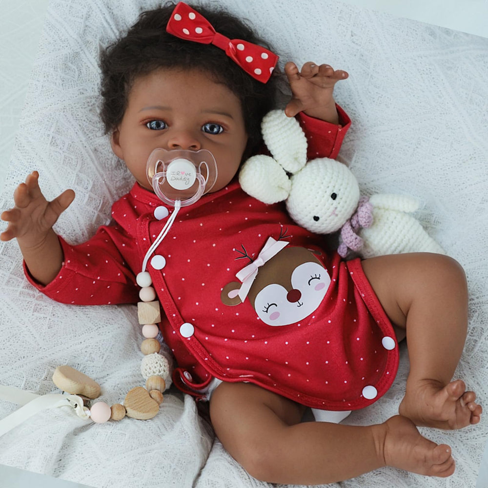 Close-up of SCOM doll's curly hair for nurturing pretend play