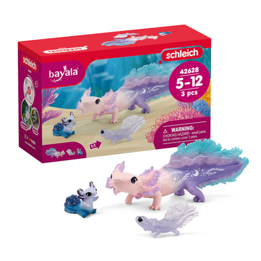 Schleich Bayala axolotl trio on rock: ideal for imaginative underwater adventures.