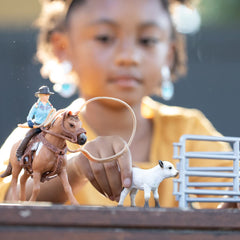 Schleich cowgirl rider figurine adds authentic rodeo energy to pretend farm scenes.