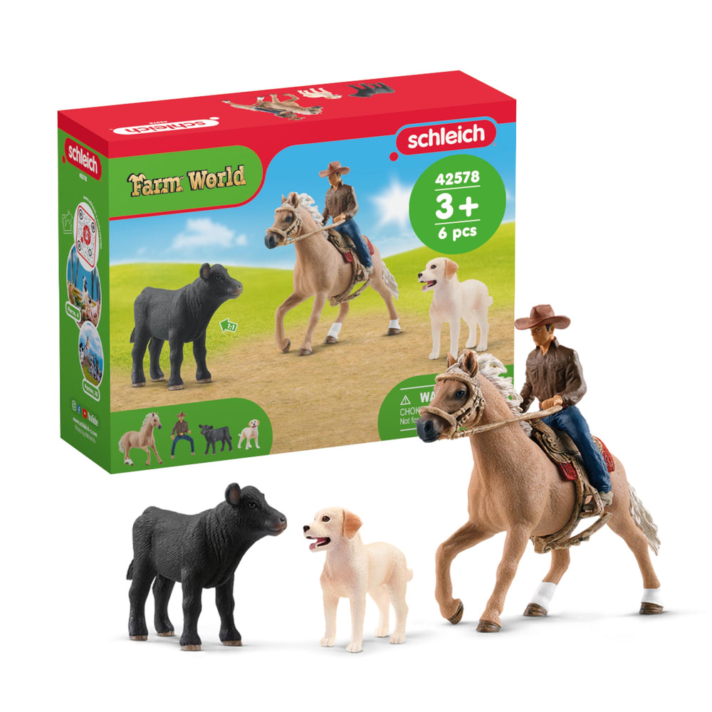Schleich Farm World cowboy rider with horse figure for imaginative Western adventures.