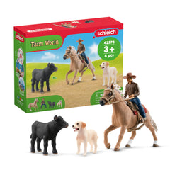Schleich Farm World cowboy rider with horse figure for imaginative Western adventures.
