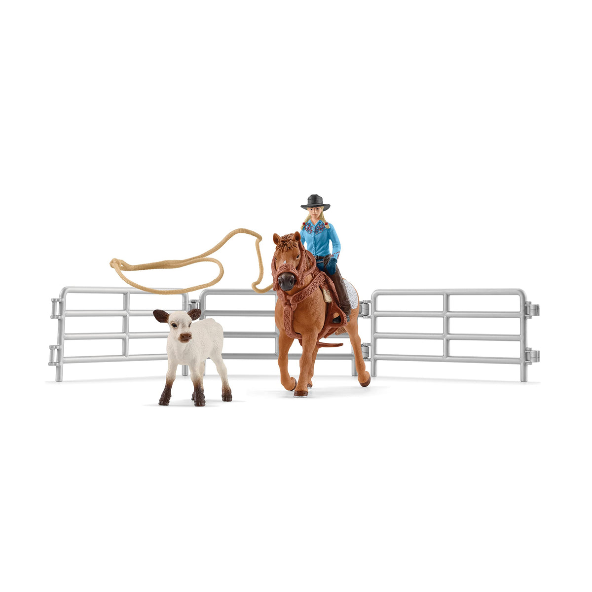 Schleich Farm World rodeo roping playset with cowgirl rider figurine for imaginative western play.