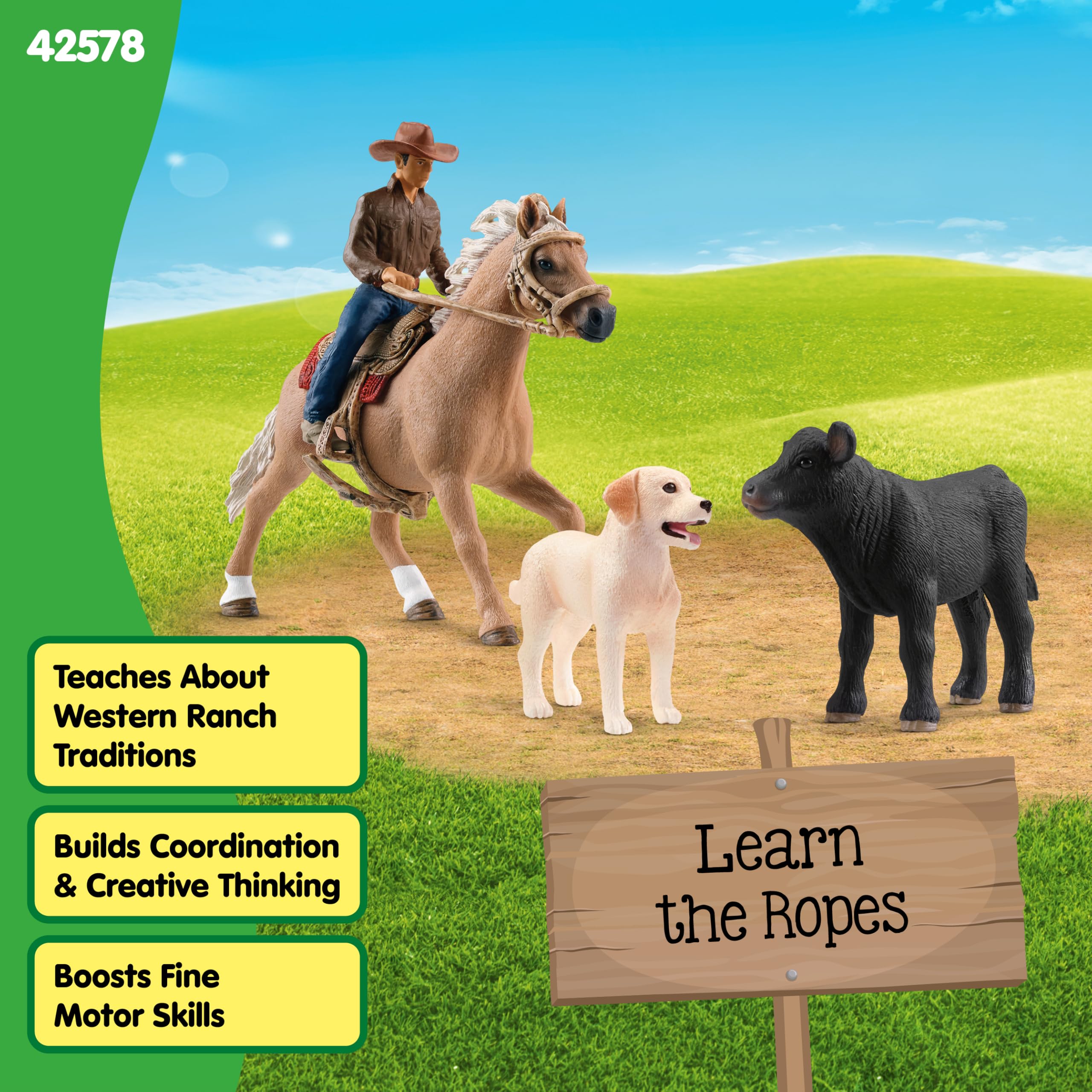 Schleich Farm World reins and cowboy for versatile control play.
