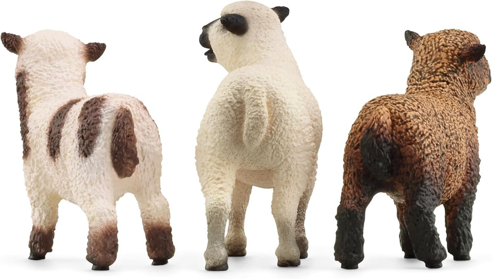 Rustic farm backdrop with Schleich sheep enhances realism.