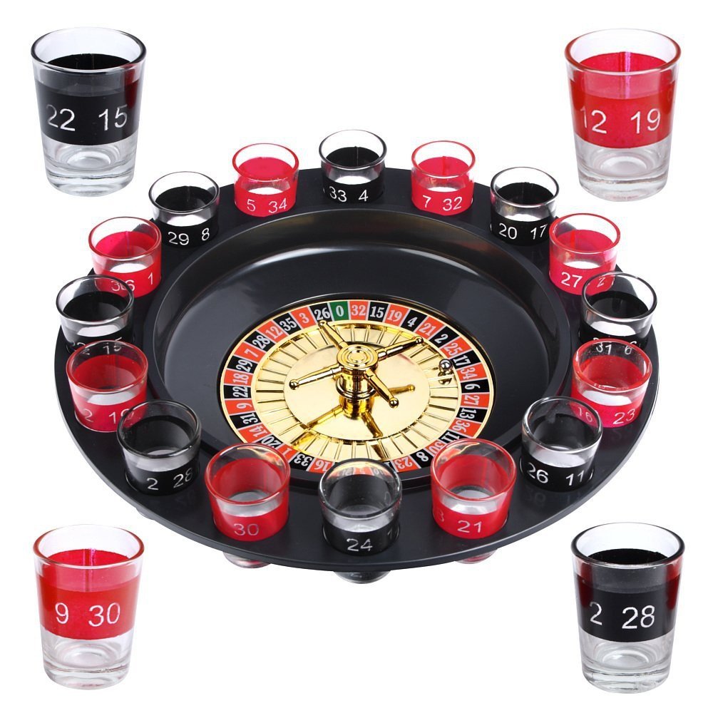 Schramm Evelots roulette wheel with 16 shot glasses for casino-style home fun.