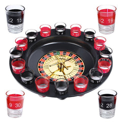 Schramm Evelots roulette wheel with 16 shot glasses for casino-style home fun.