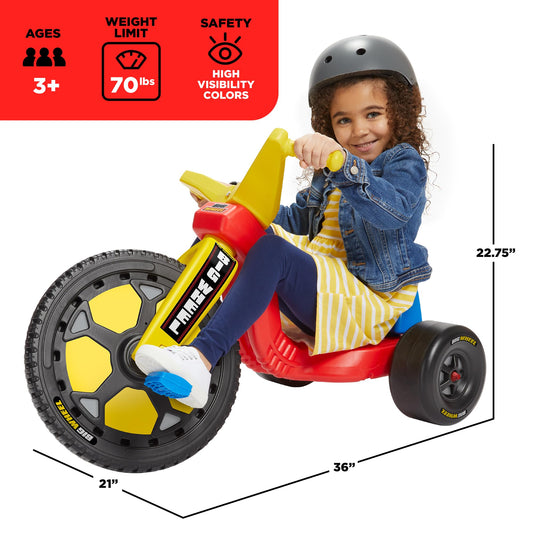 Schylling Big Wheel Speedster side view highlighting pedal action and sturdy frame.
