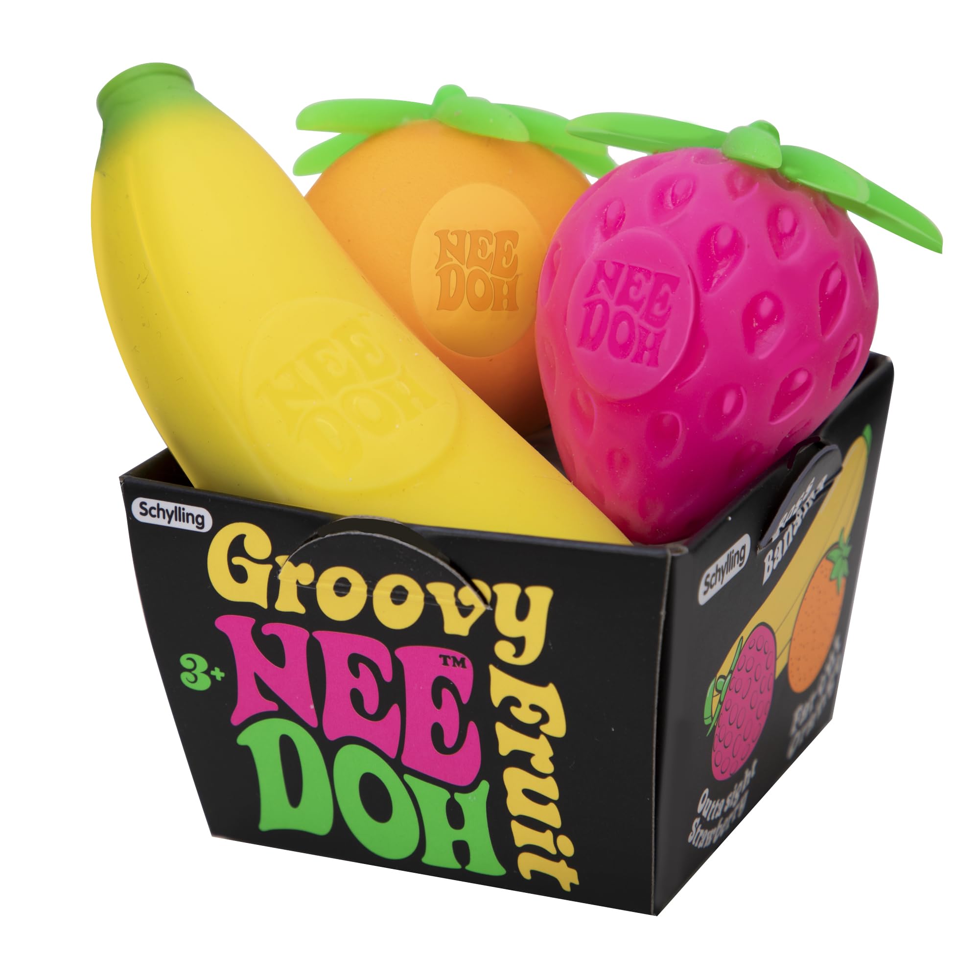 Schylling Nee-Doh Groovy Fruit packaging showcases a colorful, tactile toy for playful stress relief.