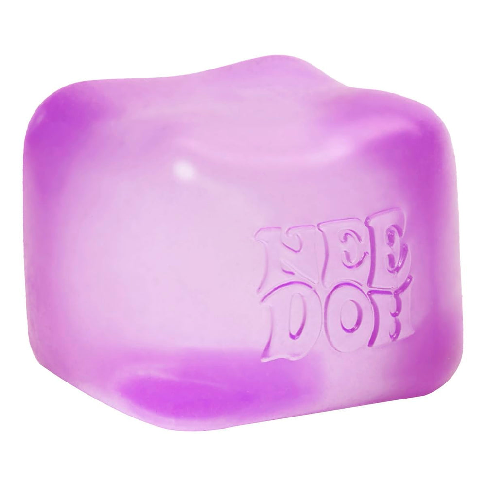 Schylling NeeDoh Nice Cube purple close-up showing soft squish for calm focus.