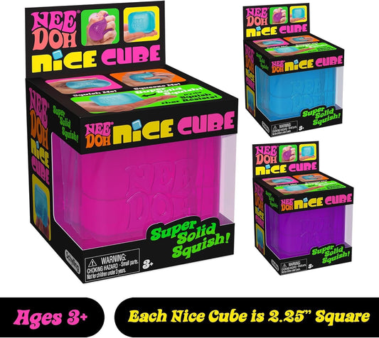 Schylling NeeDoh Nice Cube in hand, purple squeeze toy for tactile play and concentration.