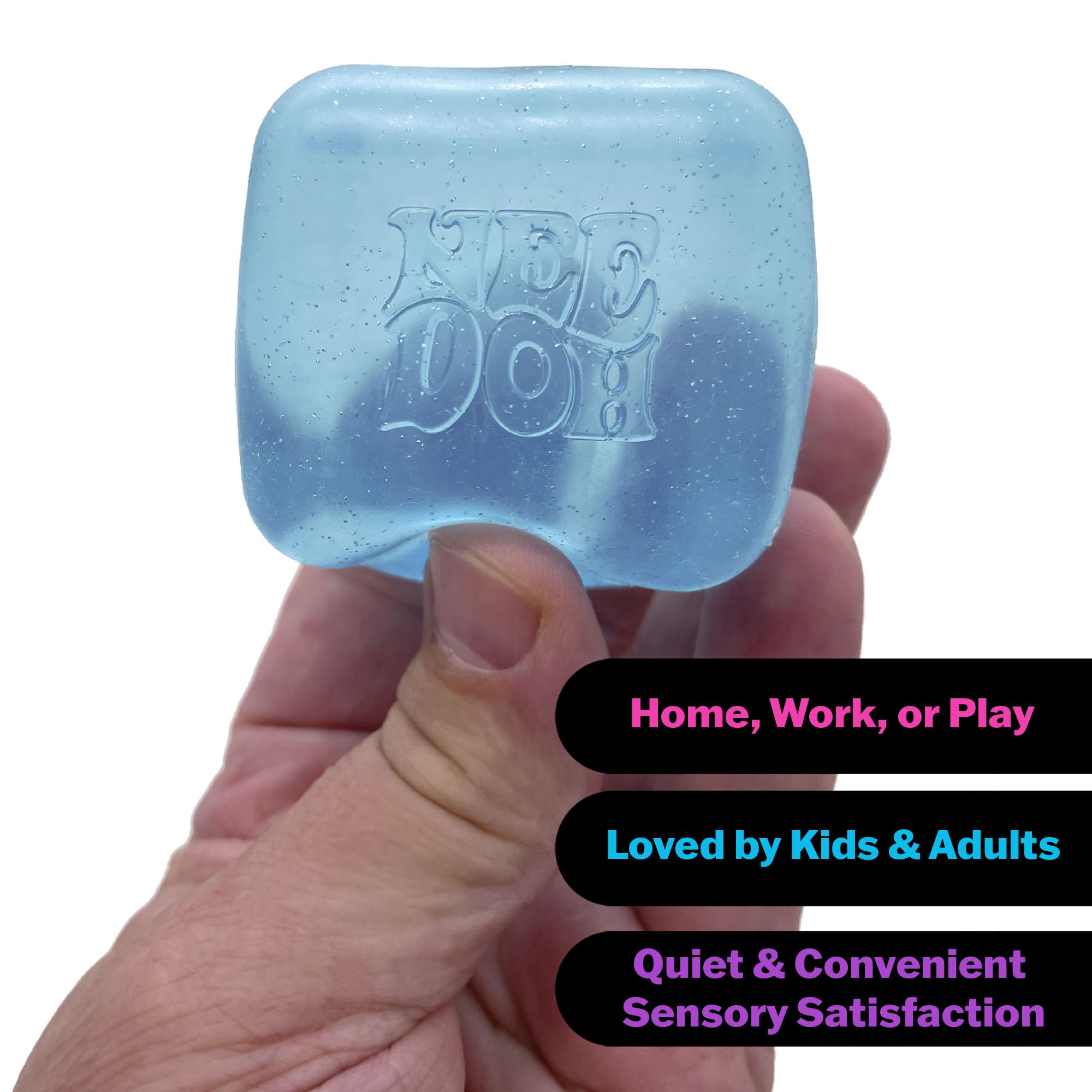 NeeDoh Nice Cube purple in motion, squeeze sensation shifts from soft to firm.