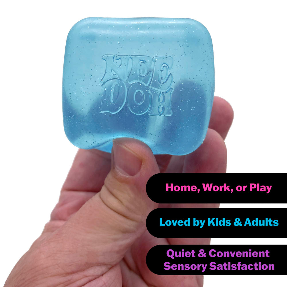 NeeDoh Nice Cube purple in motion, squeeze sensation shifts from soft to firm.