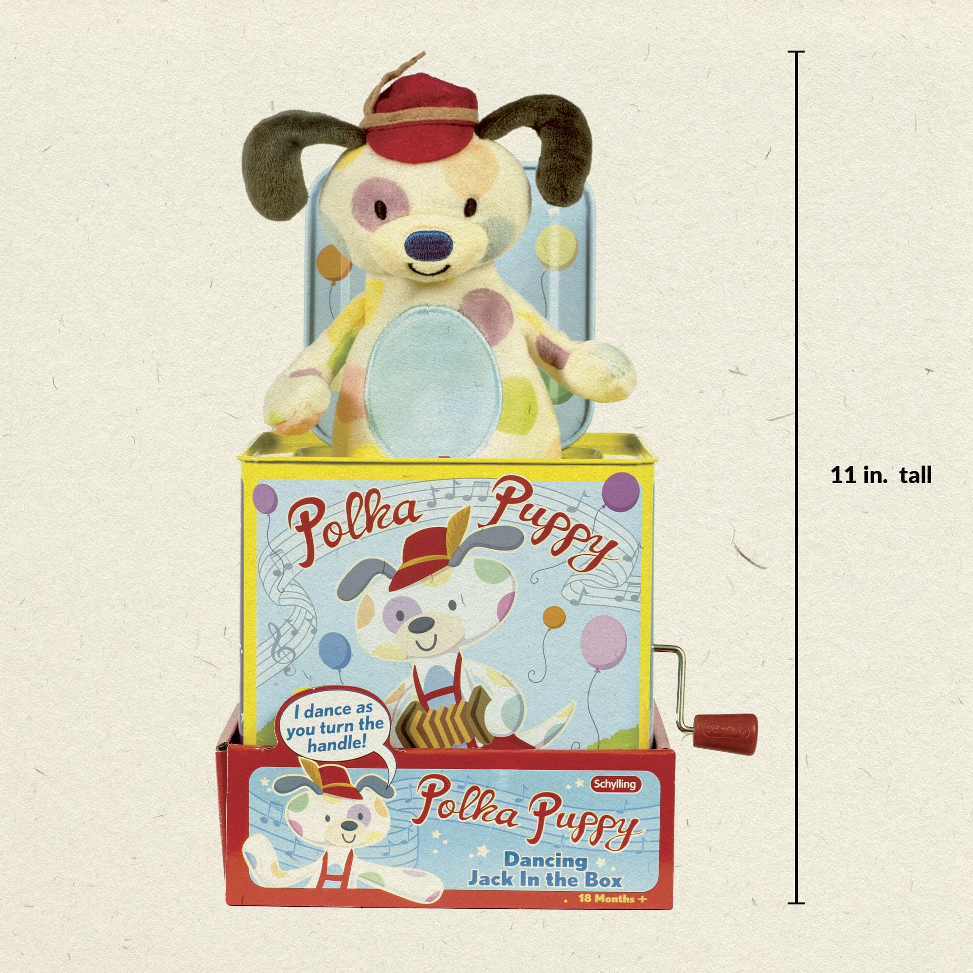 Schylling Polka Puppy Jack in the Box puppy dances after the pop