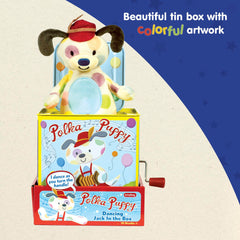 Schylling Polka Puppy Jack in the Box embossed tin artwork brightens any shelf