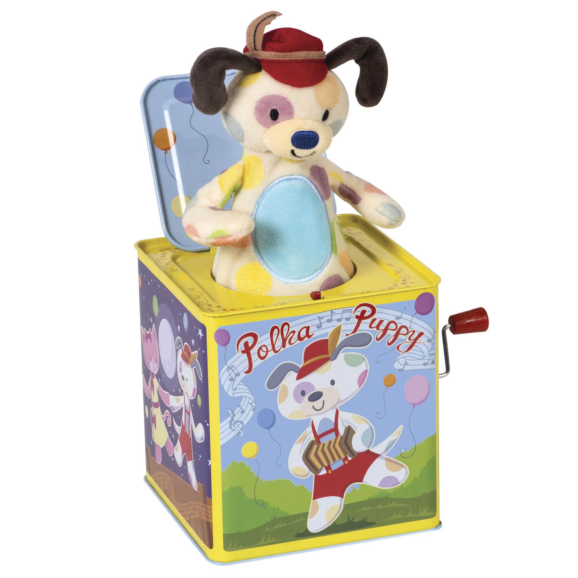 Schylling Polka Puppy Jack in the Box embossed tin base for durable play