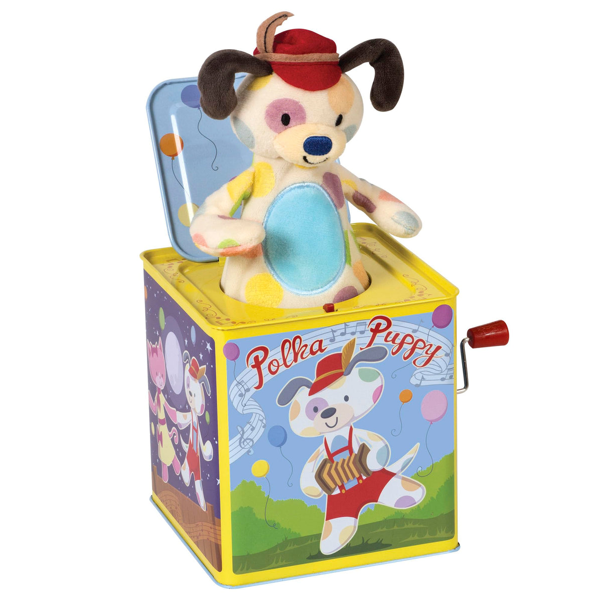 Schylling Polka Puppy Jack in the Box embossed tin base for durable play