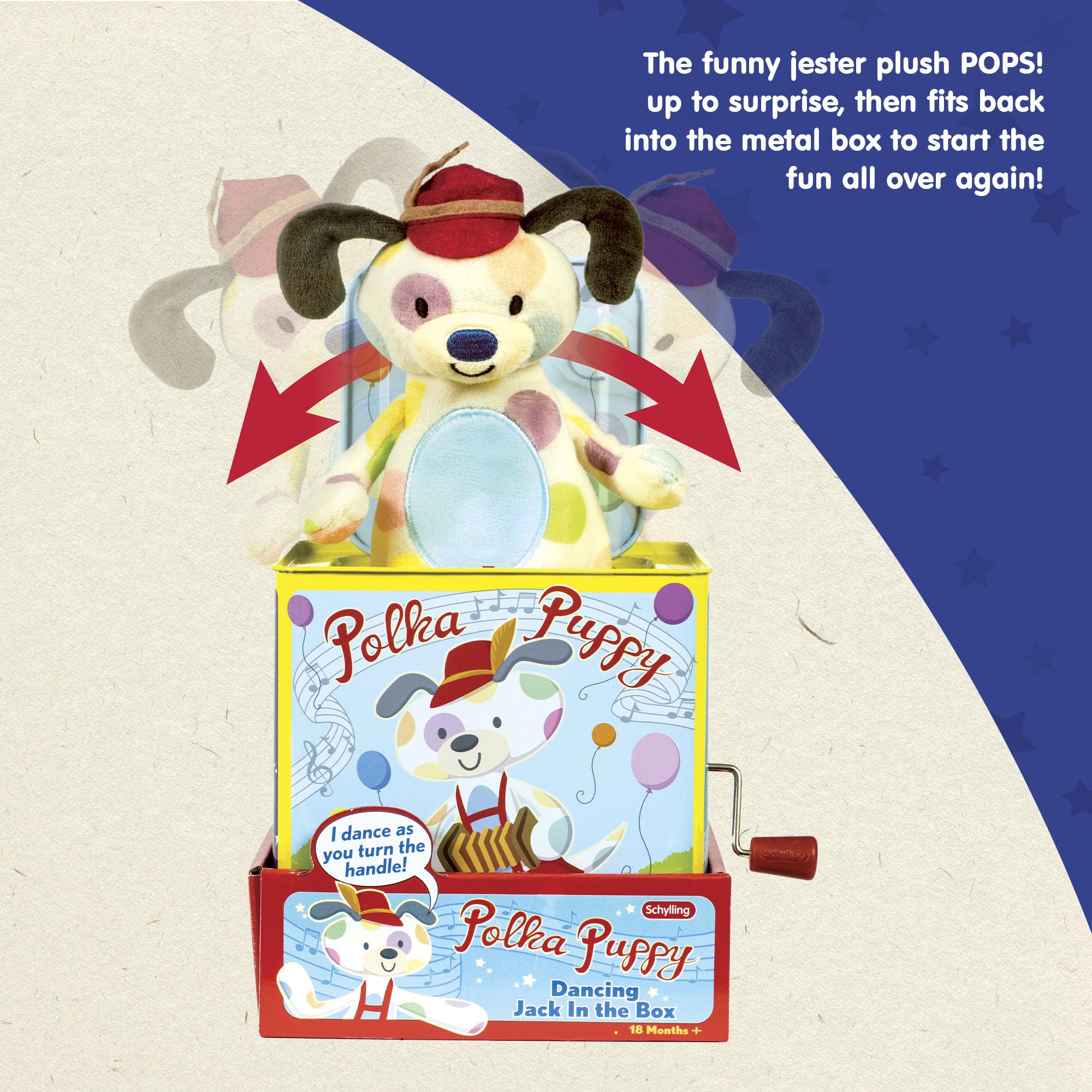 Schylling Polka Puppy Jack in the Box music crank invites hands-on play