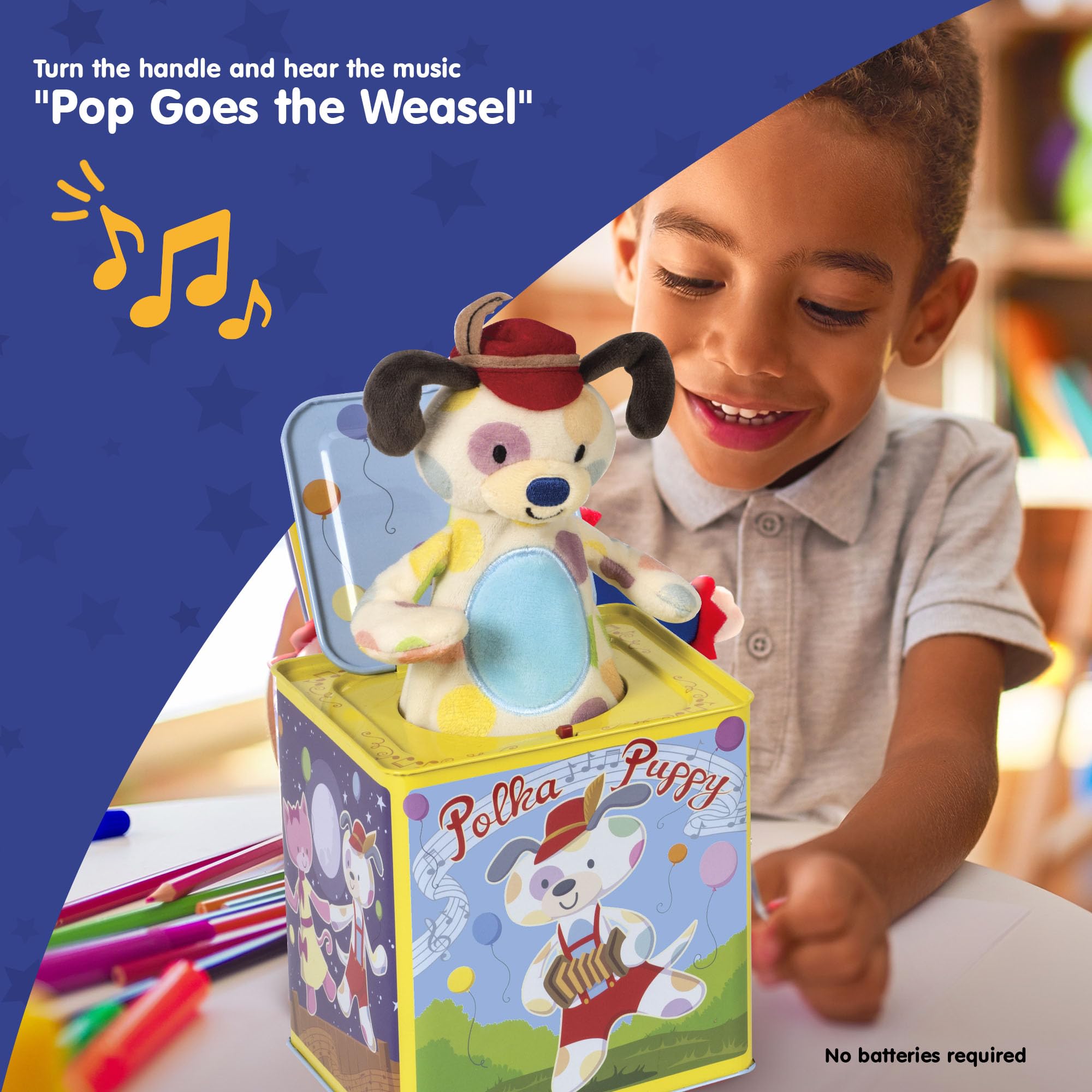 Schylling Polka Puppy Jack in the Box plush puppy pops out during playtime