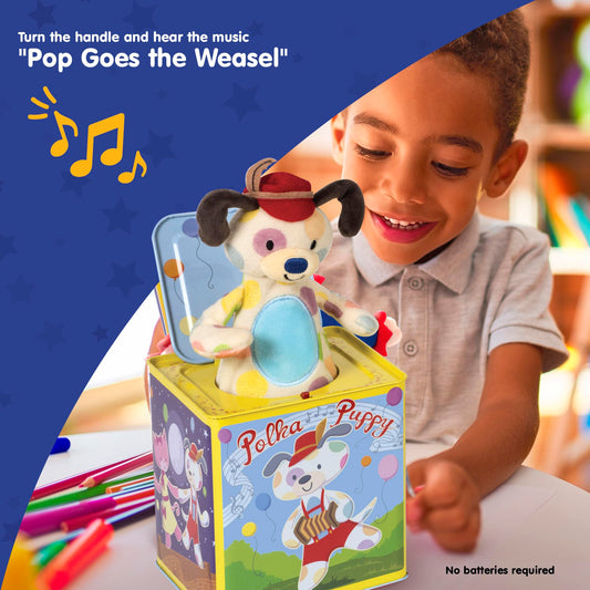 Schylling Polka Puppy Jack in the Box plush puppy pops out during playtime