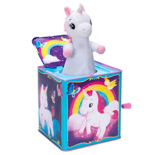 Schylling Pop and Glow Unicorn Jack in the Box reveals a rainbow glow for playful surprise.