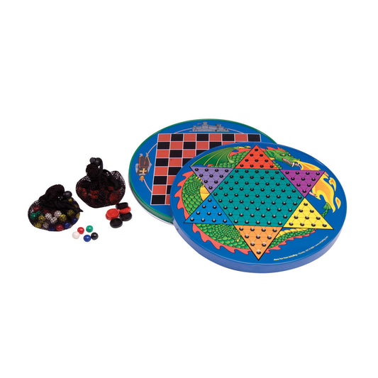 Schylling Tin Chinese Checkers board with maple hardwood surface for durable family play and cutting tasks.