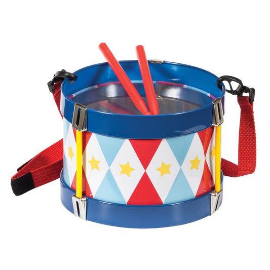 Schylling tin drum with adjustable strap and wooden sticks for beginners