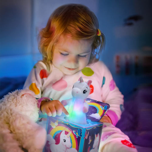 Schylling unicorn light-up jack-in-the-box switches on six colors for a magical moment.