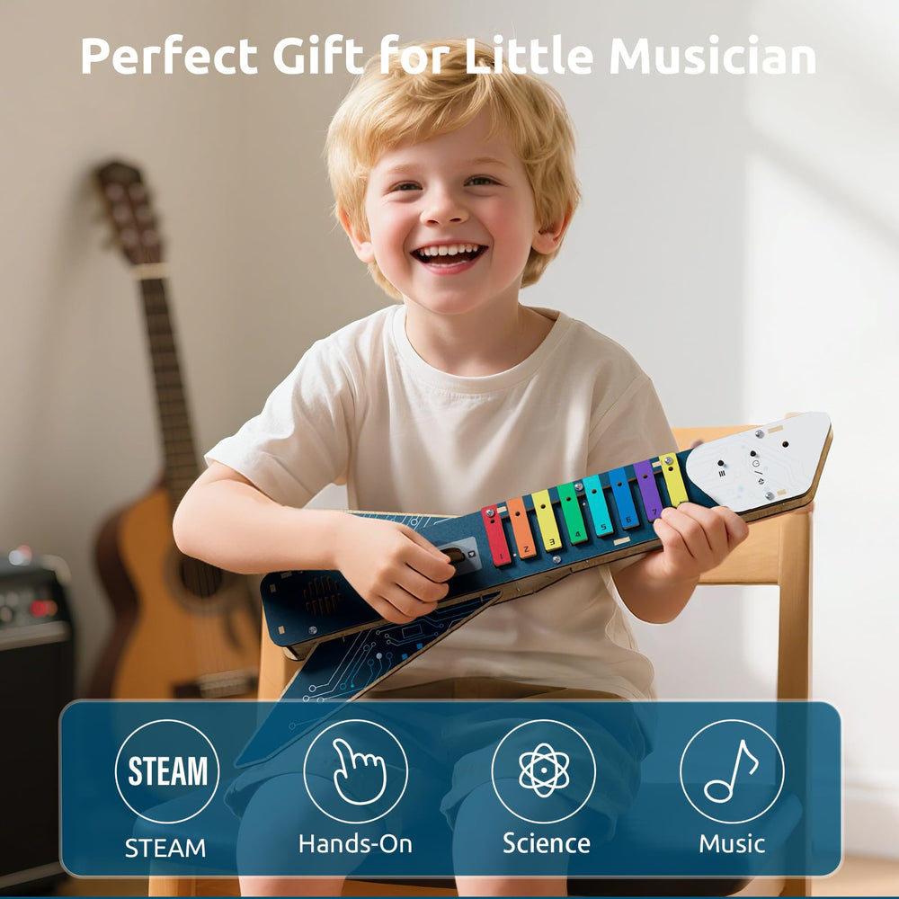 Science Can guitar kit playing demo demonstrates instant music exploration for kids.
