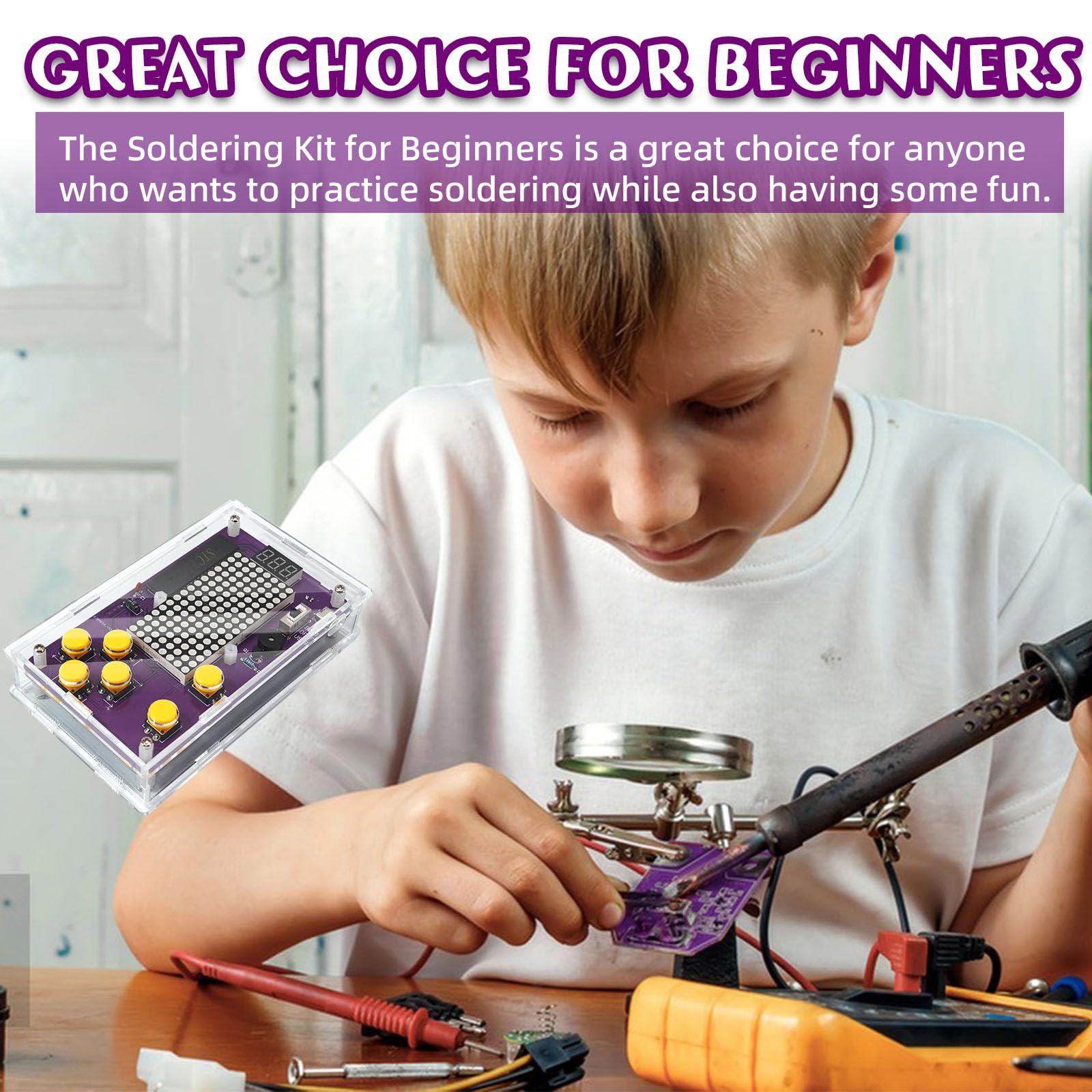 Acrylic case close-up of ScienSta kit emphasizes easy assembly and neat soldering results.