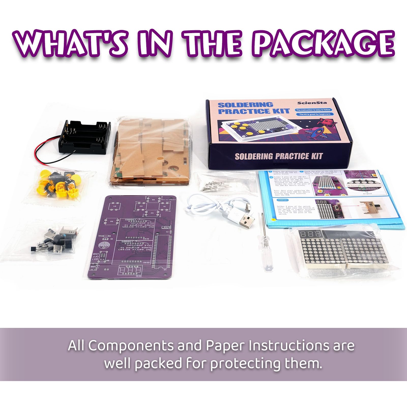 Instruction video and illustrated guides for ScienSta Basic Soldering Kit support teachers and students.