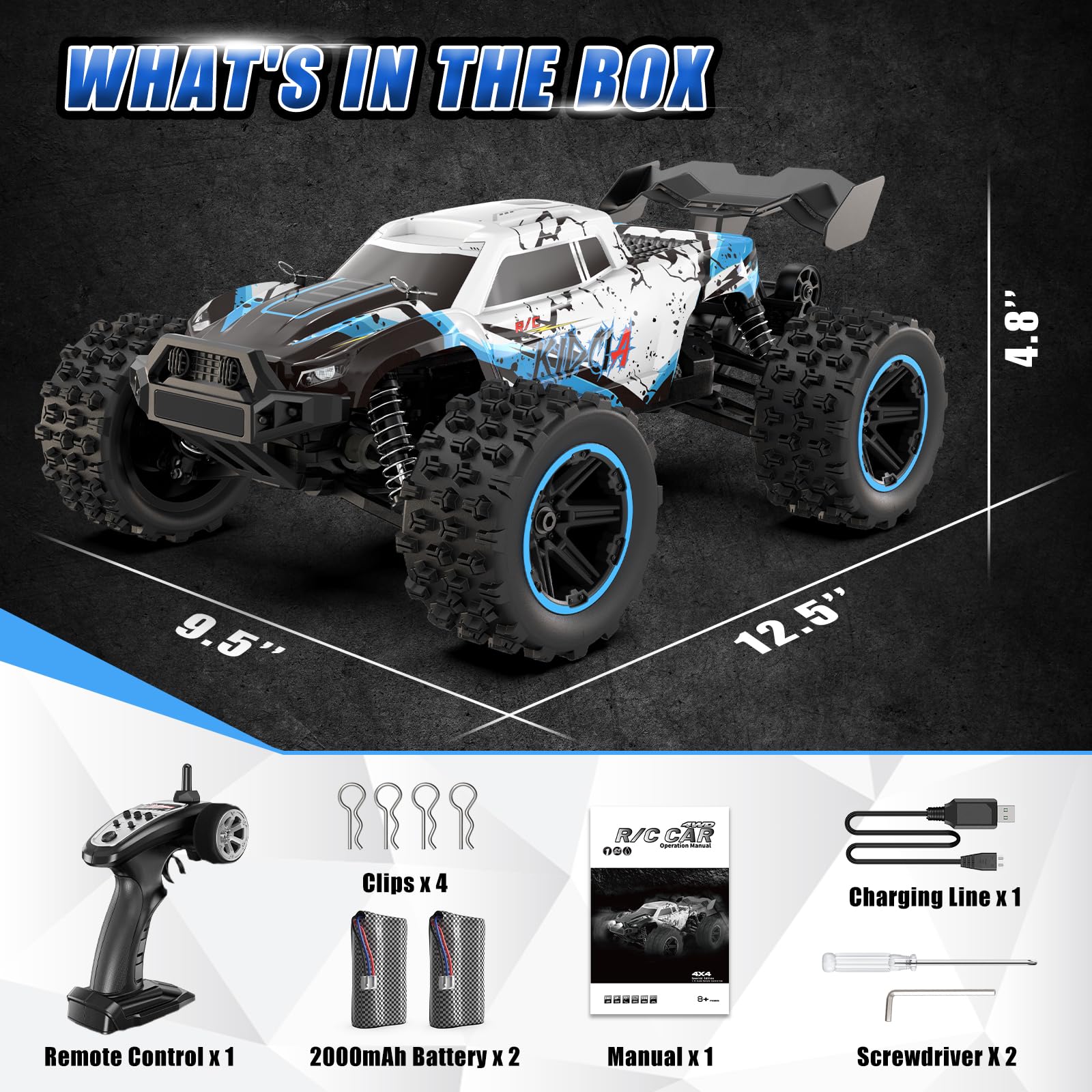 Scientoy 1/14 RC car durable PVC body withstands impacts on trails.
