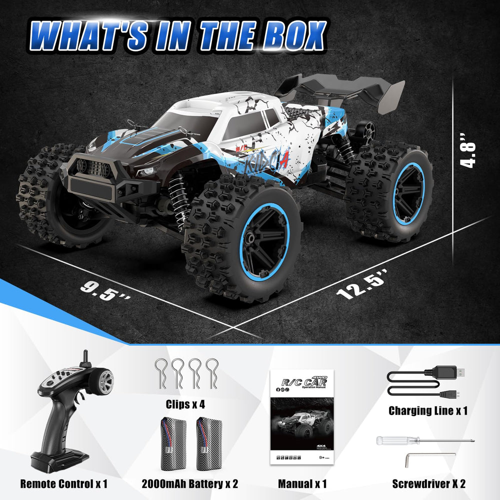 Scientoy 1/14 RC car durable PVC body withstands impacts on trails.