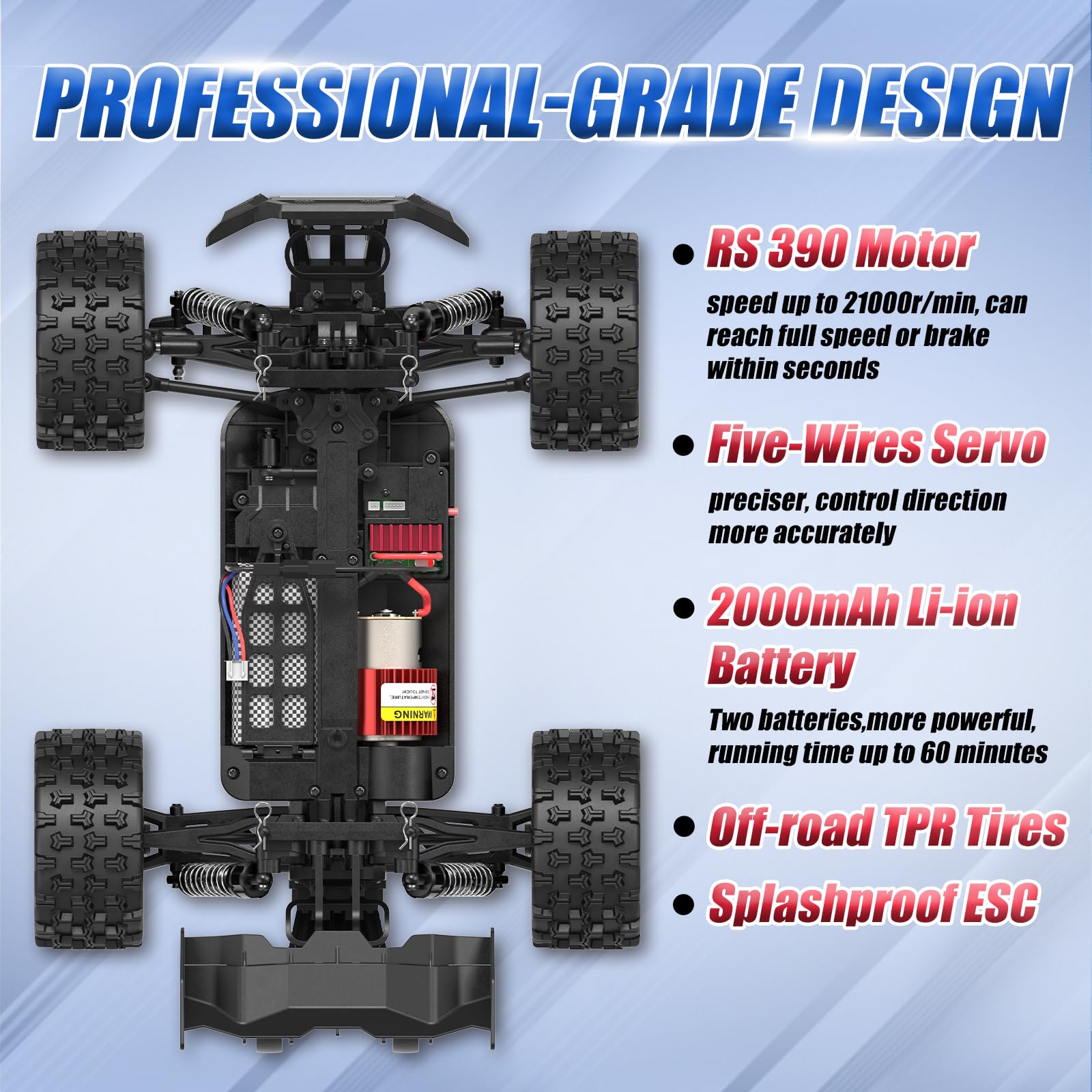 Scientoy 1/14 RC car off-road tires handle dirt and rough terrain.