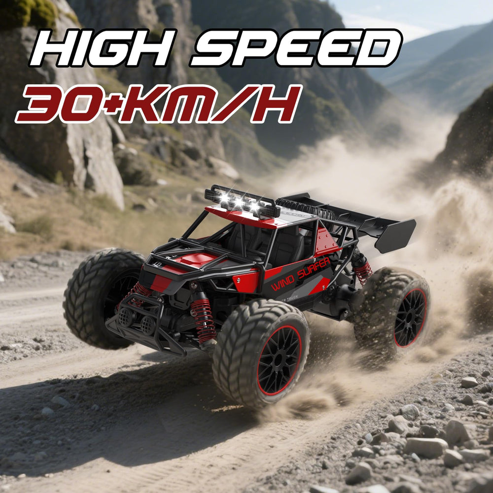 Scientoy 1:14 RC car LED headlights illuminate night rides for visibility.