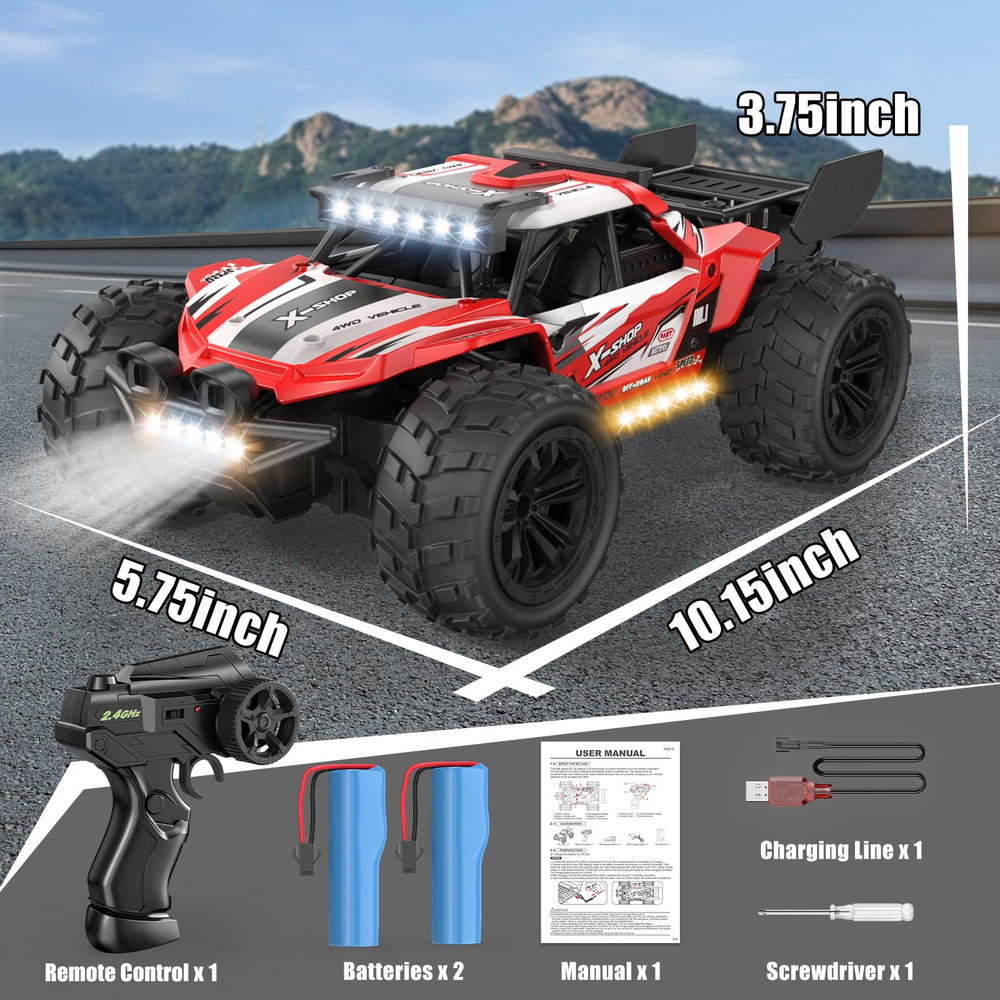 Scientoy gift-ready RC packaging highlighting two rechargeable batteries for immediate play.