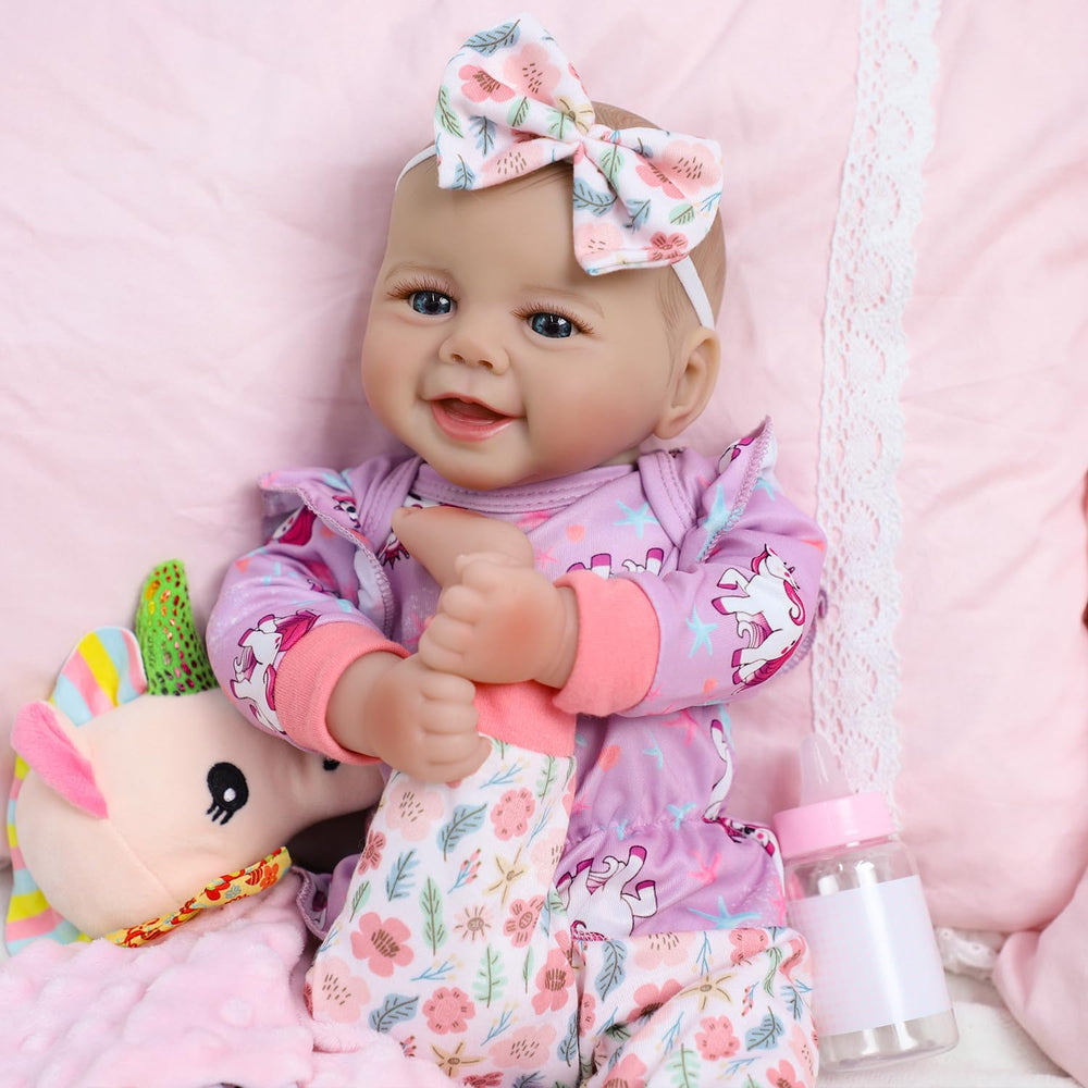SCOM 18-inch baby-doll skin texture close-up showing baby-soft, plush skin.