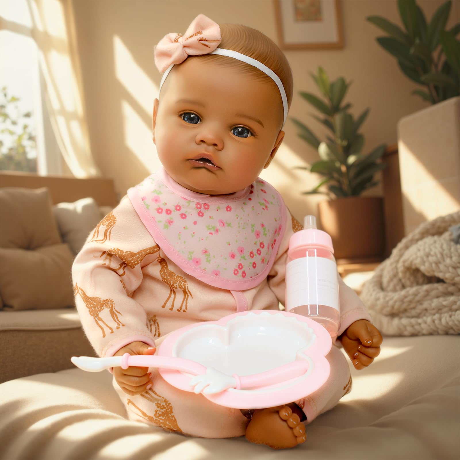 SCOM Black 18-inch doll head captures lifelike expression for comforting pretend play.