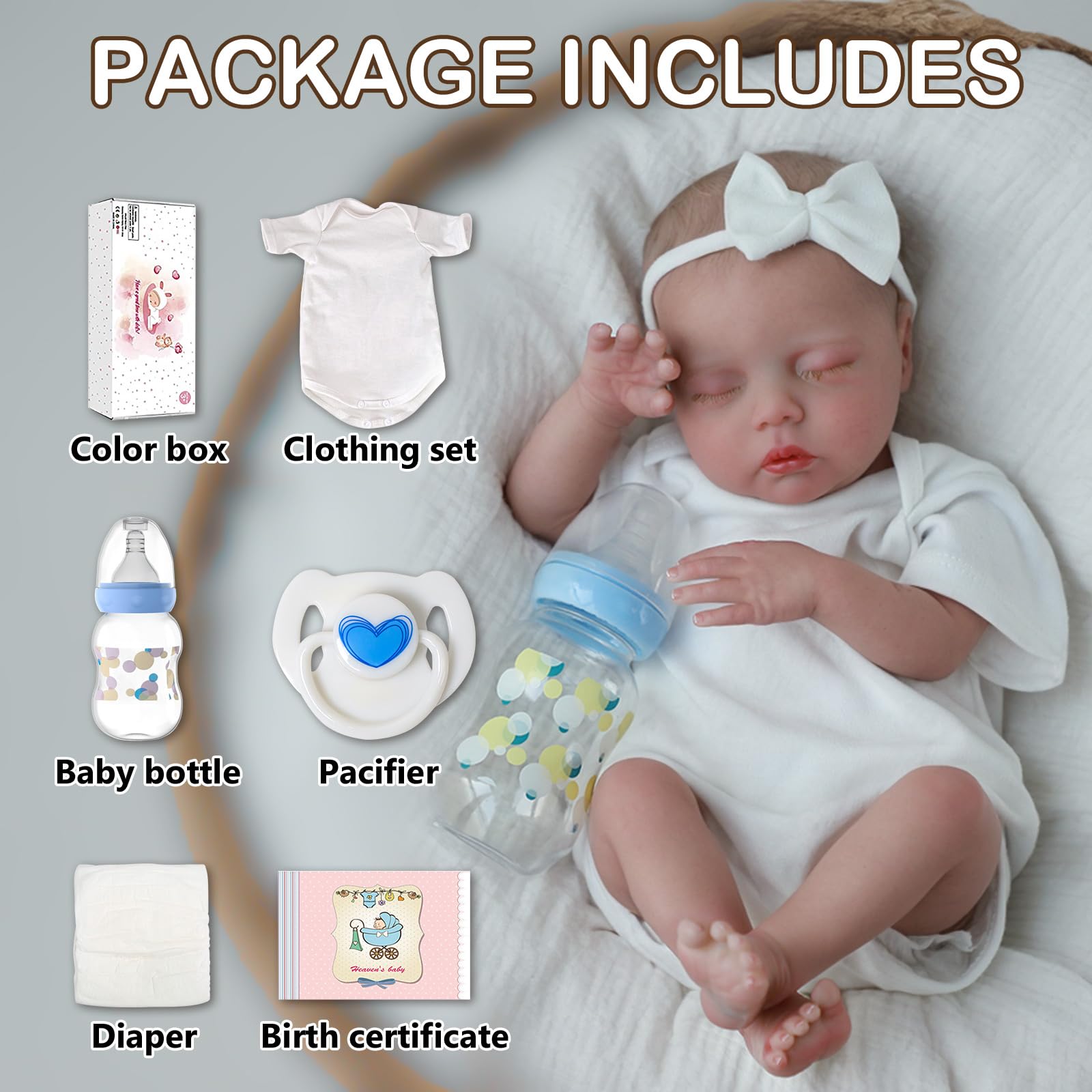 SCOM Delilah complete gift set with outfit, pacifier, bottle, and birth certificate