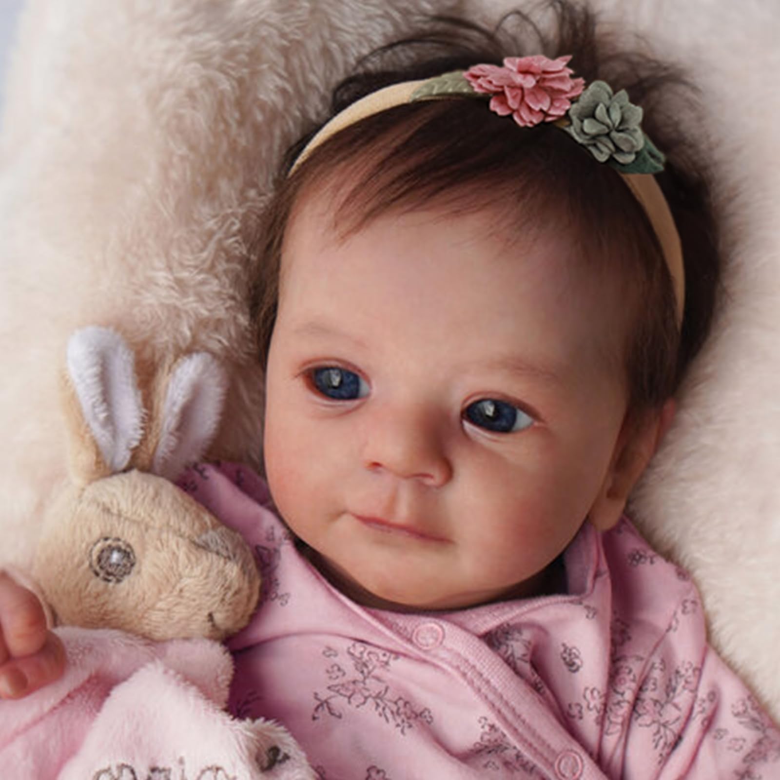 SCOM Felicia in pink floral onesie, ideal for cuddling and imaginative play.
