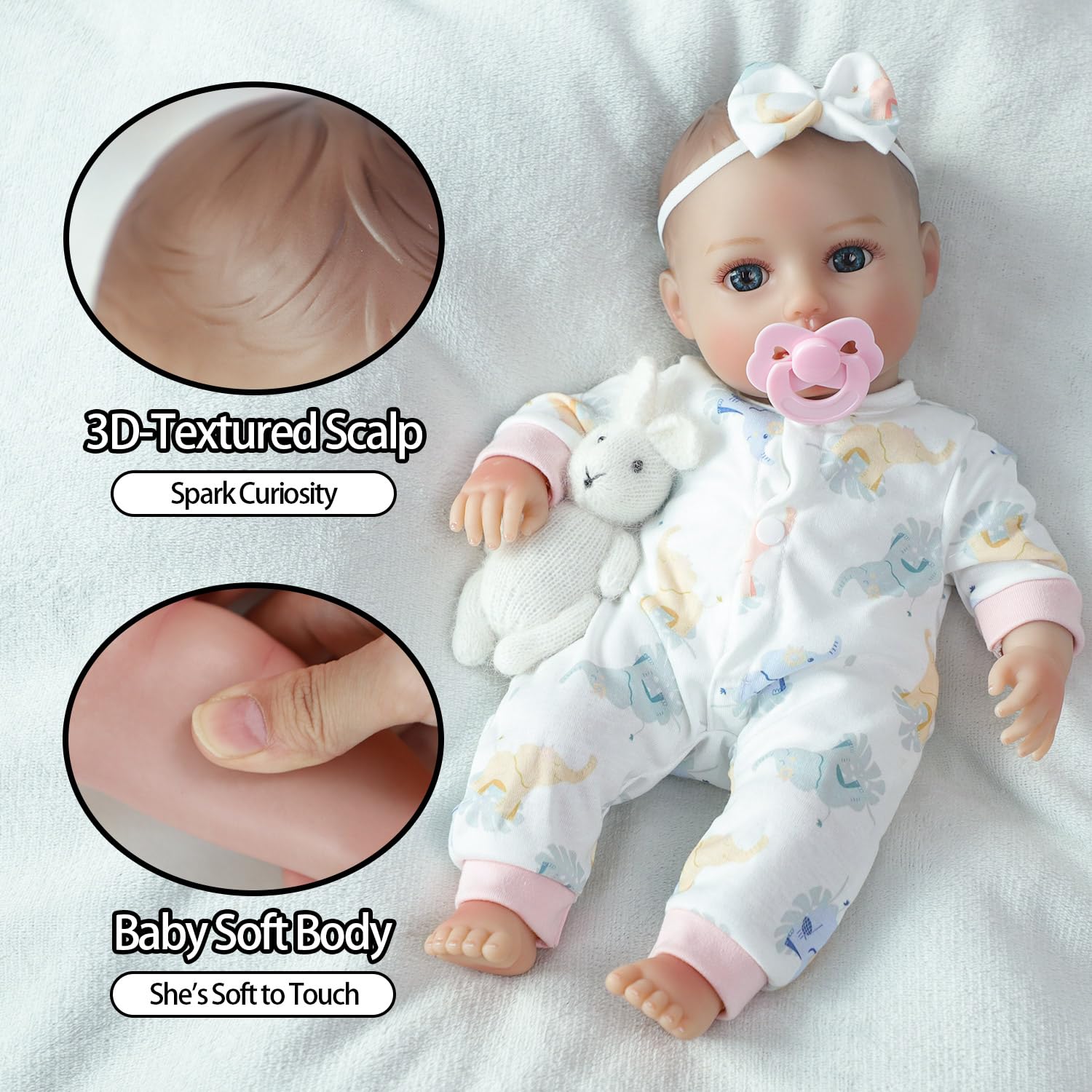 SCOM first baby doll gift box includes pacifier and bib for complete role-play.