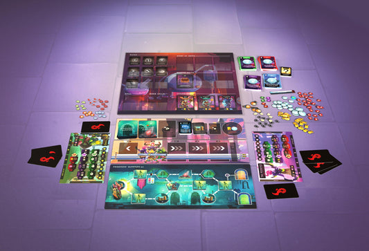 Scorpion Masqué Dead Cells game setup image illustrating player boards and cards.