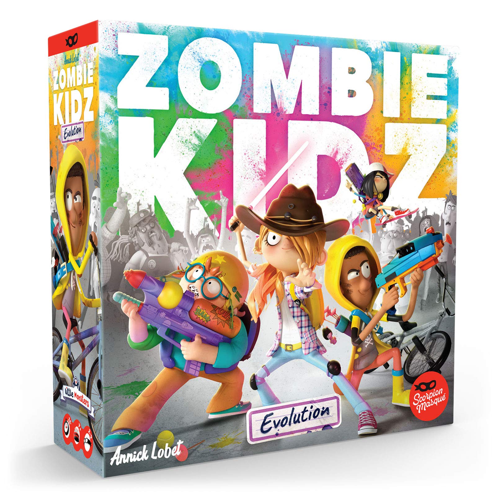 Scorpion Masqué Zombie Kidz Evolution box front showing family-friendly setup for play.