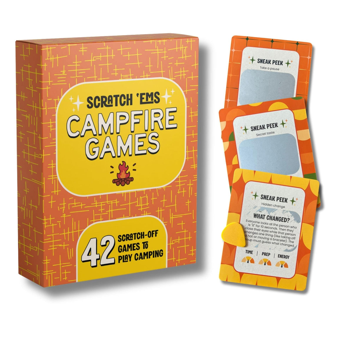 Scratch 'Ems Campfire Games card front with vintage camper art for family camping fun.