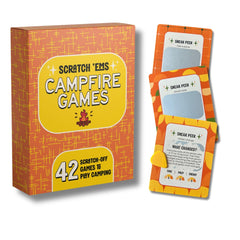 Scratch 'Ems Campfire Games card front with vintage camper art for family camping fun.